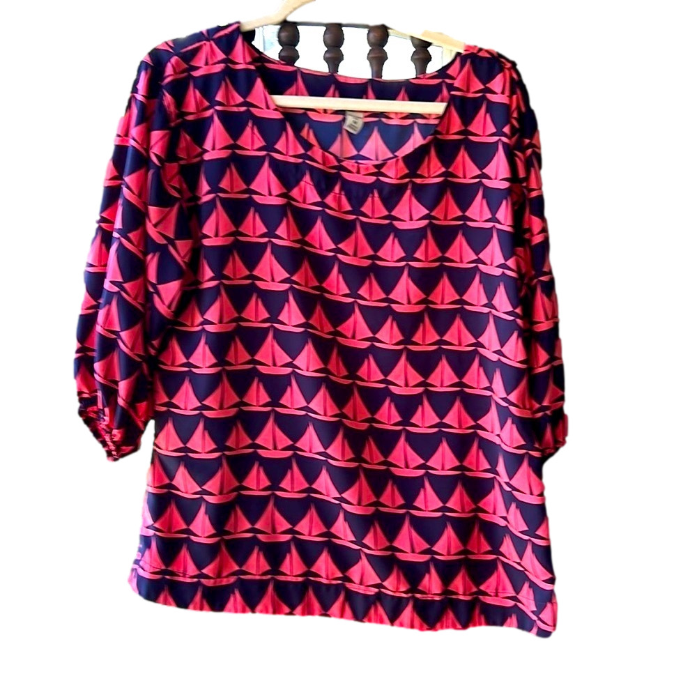 Tunic Top Sailboat 3/4 Sleeve Blouse Boat Collar Navy Blue Coral Boats